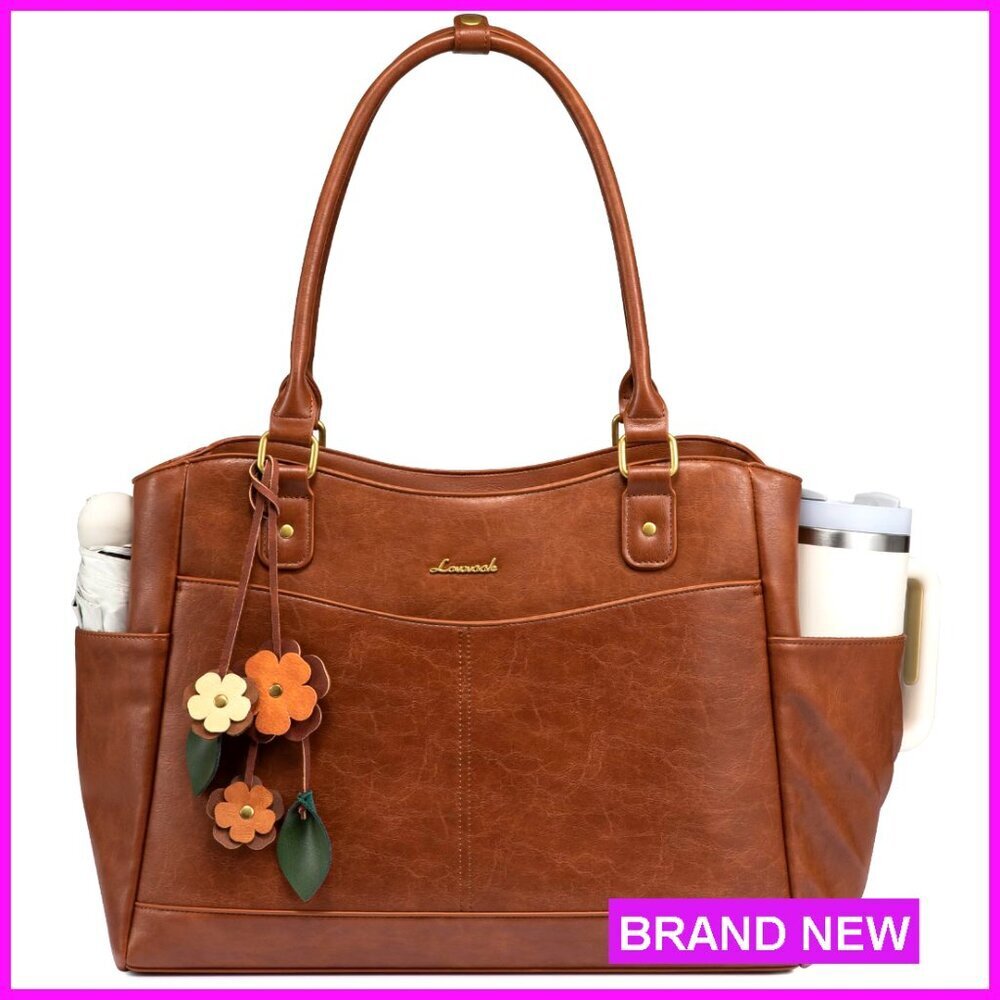 Leather Vintage Work Tote Bag with Large Cup Holder Computer Office Teacher Bag
